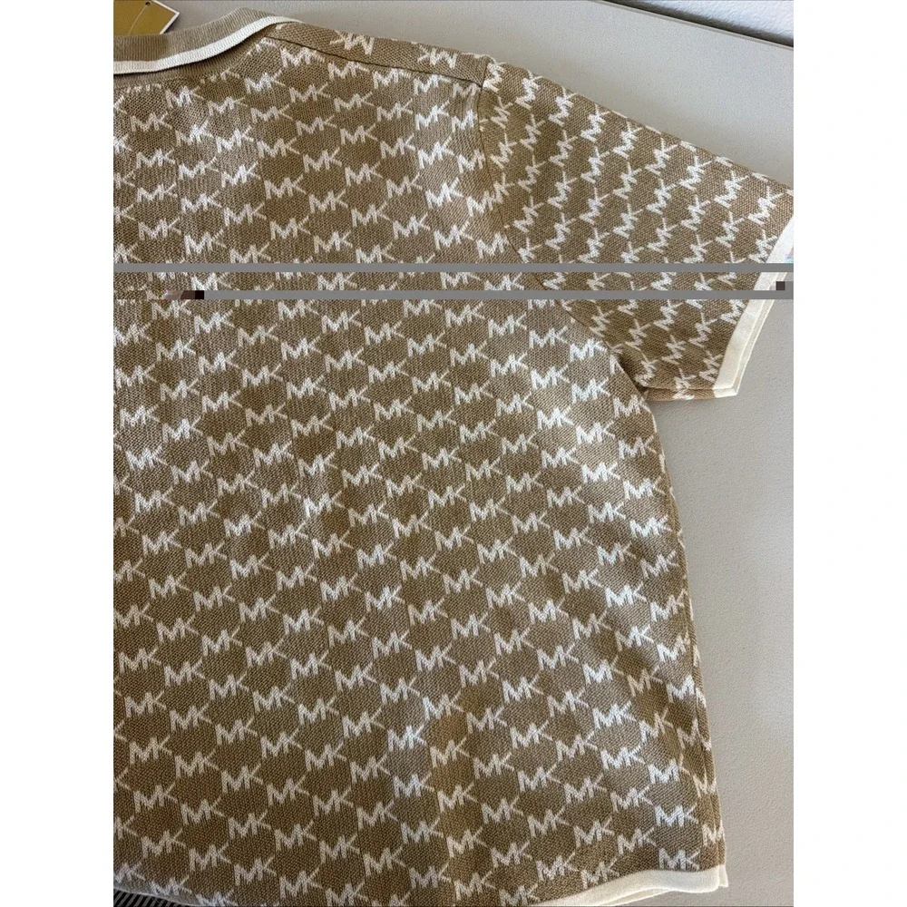Michael Kors Womens MK Monogram Logo Polo Shirt Knit Top Khaki Beige XL NWT